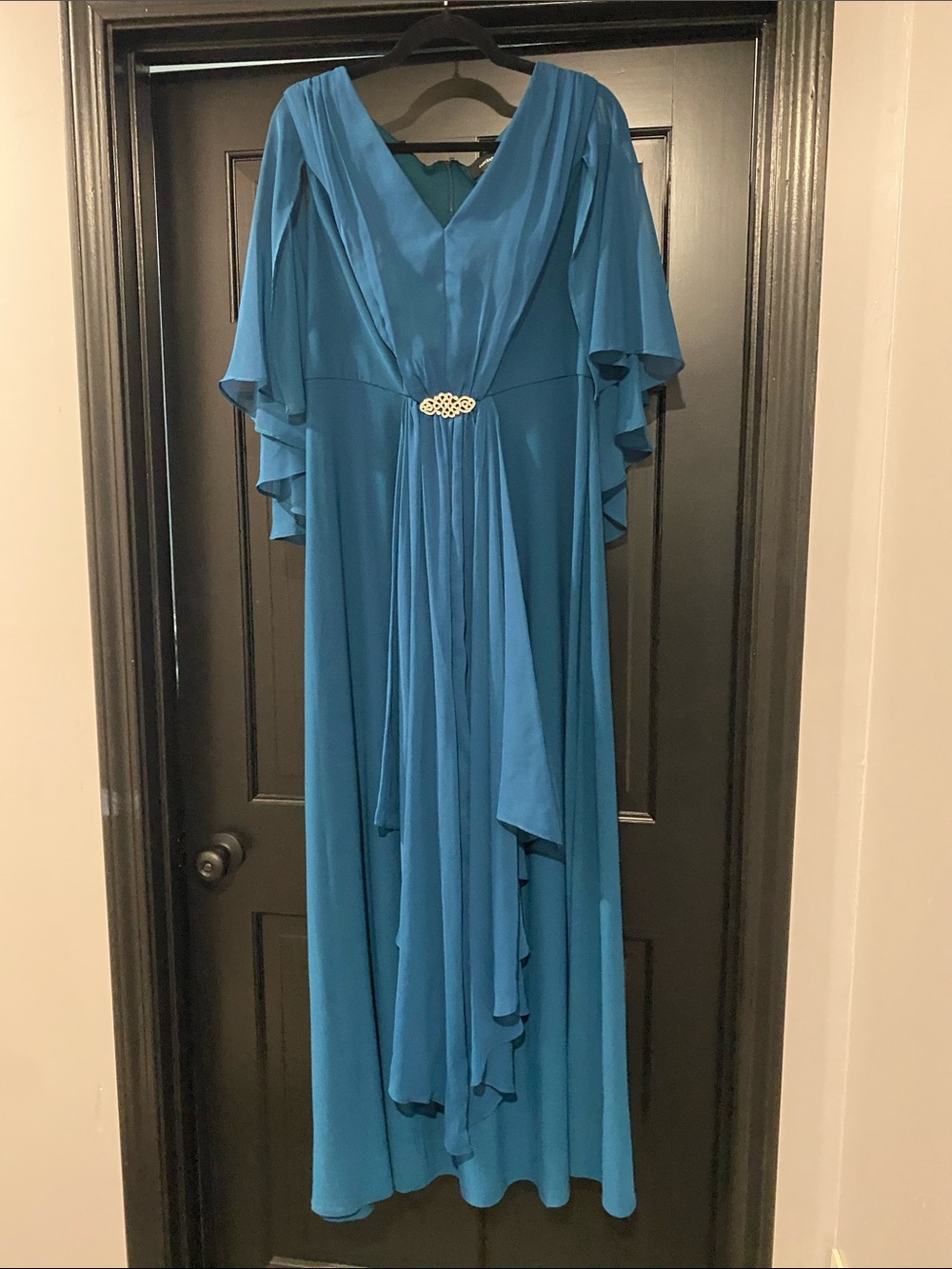 R&M Richards Teal Blue V-Neck Maxi Dress with Draped Cape Sleeves
